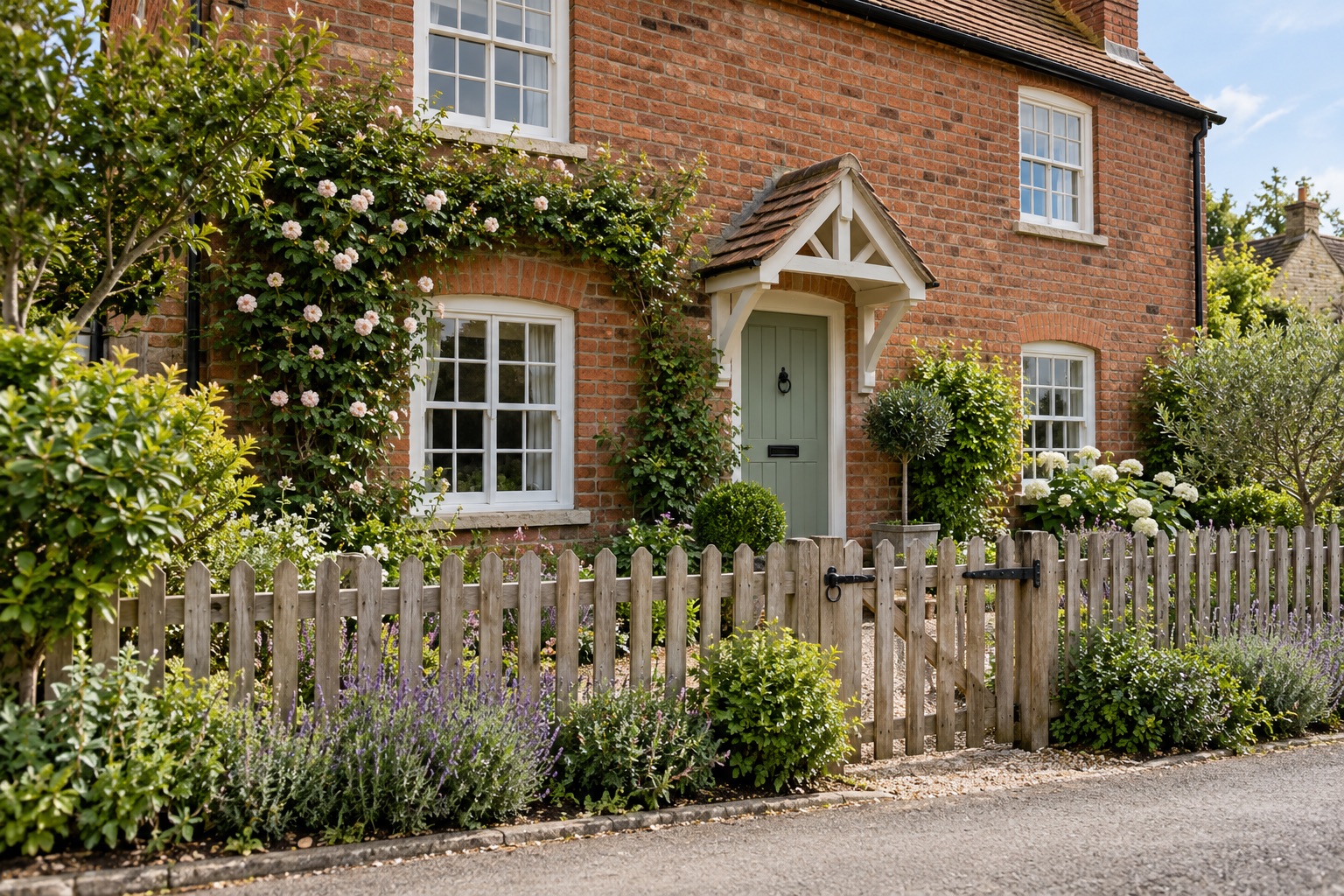 Traditional red-brick cottage frontage with low timber picket fencing