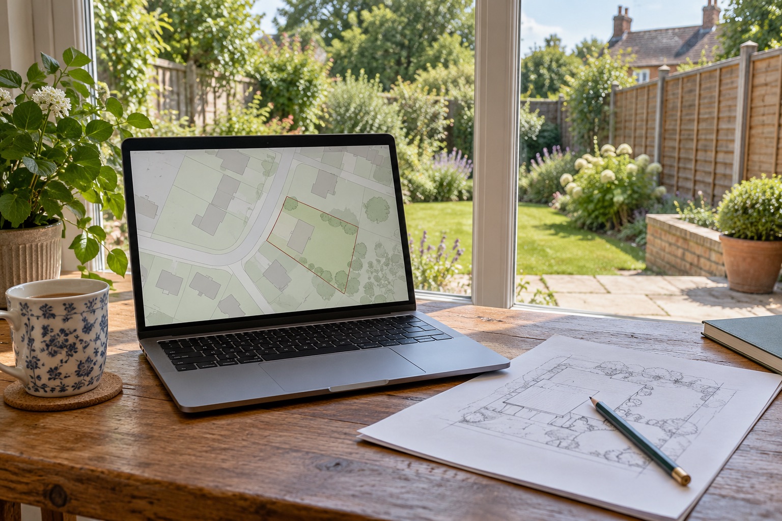 Laptop displaying a fictional map beside a garden sketch