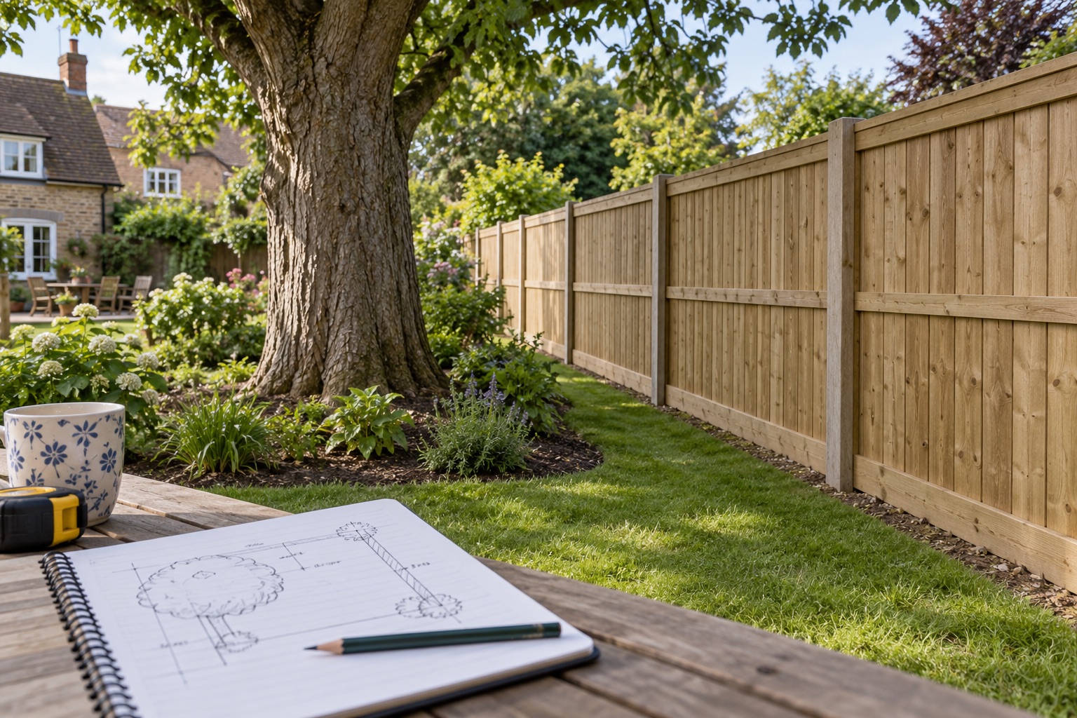 Mature garden tree near an independent timber fence with a site sketch in the foreground