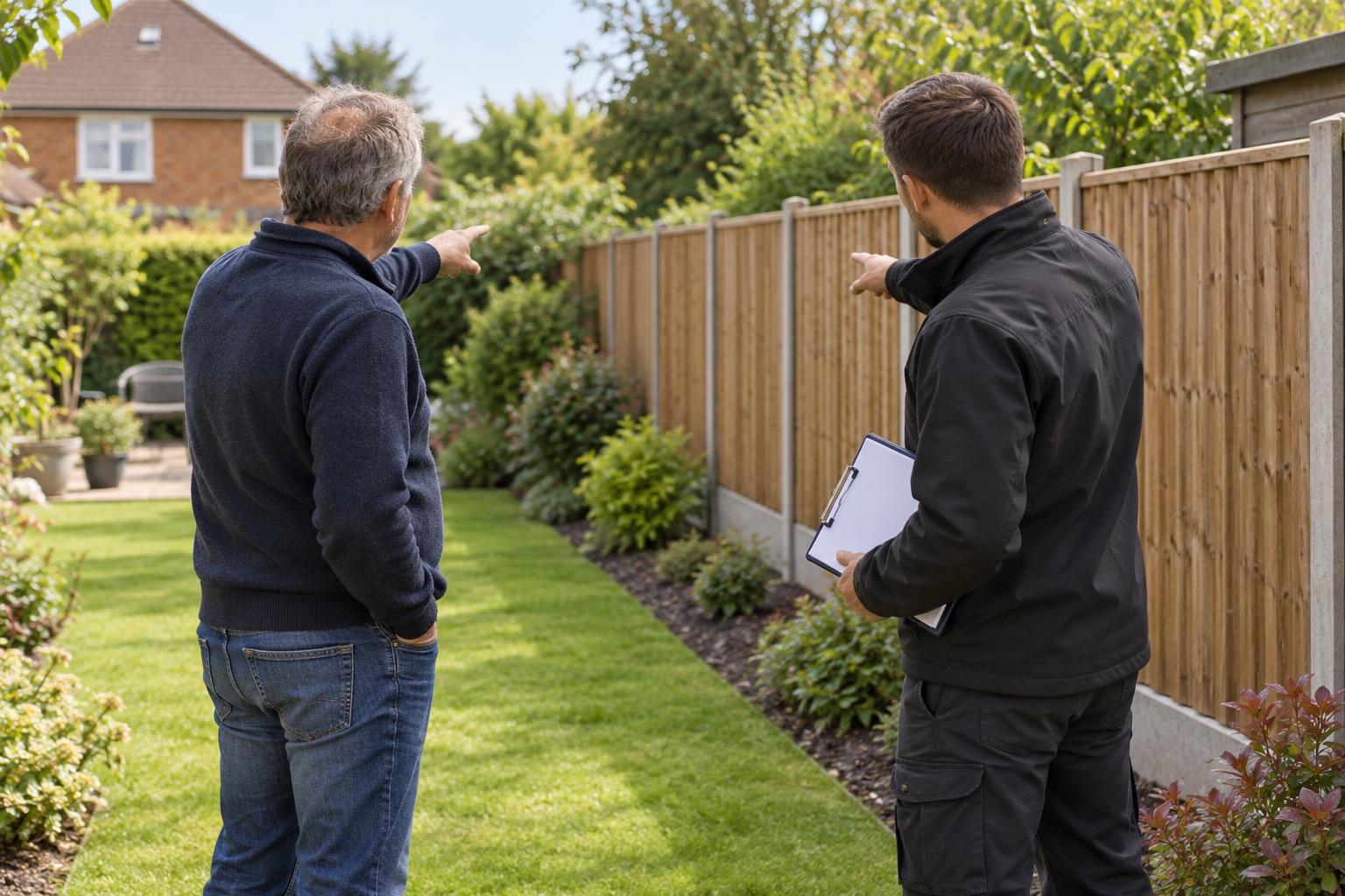 Two adults discussing a garden boundary, with one holding a plain survey clipboard