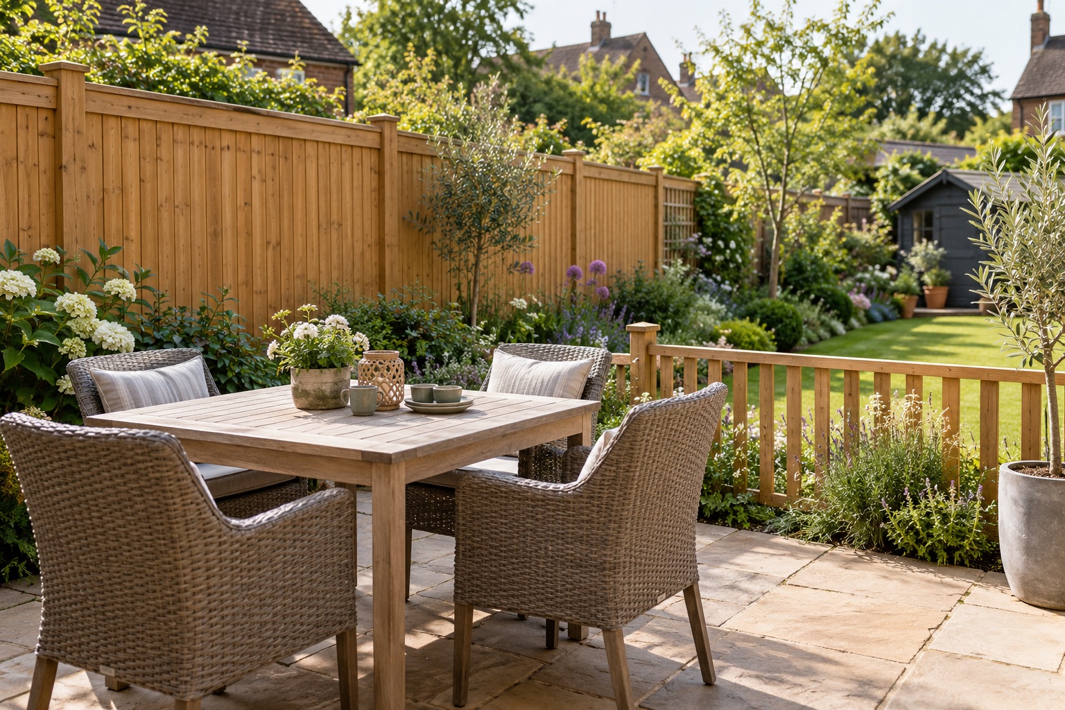 Patio seating beside a solid timber boundary, with a lower open divider towards the lawn