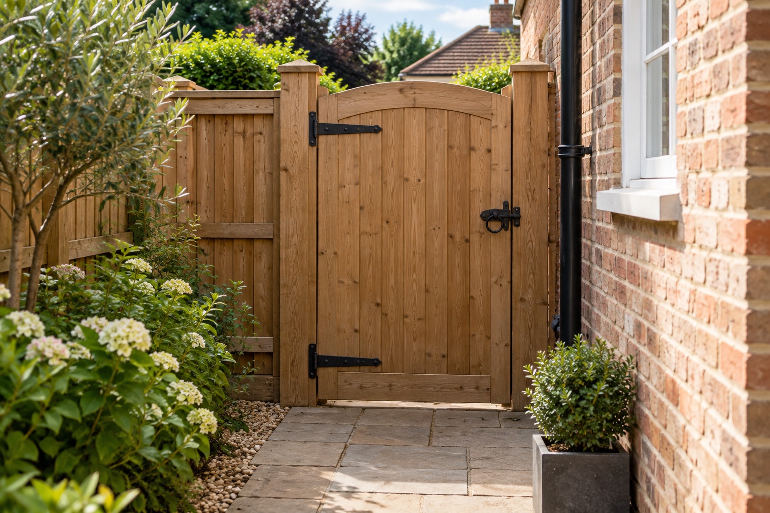 Closed solid timber pedestrian gate between matching posts in a paved side entrance