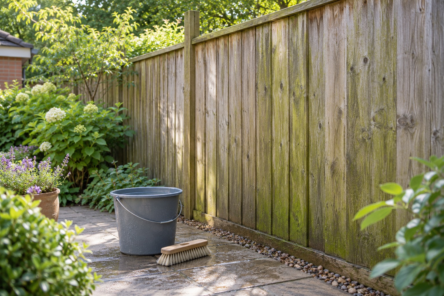 Weathered timber fence with green surface growth beside a brush and bucket