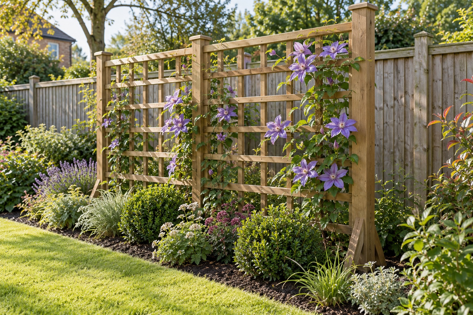 Flowering clematis on independently supported timber trellis in front of a separate boundary