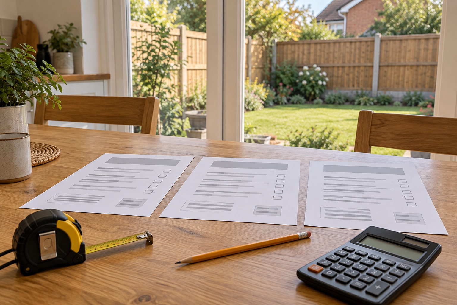 Three comparison sheets, a calculator and measuring tape on a kitchen table overlooking a fenced garden