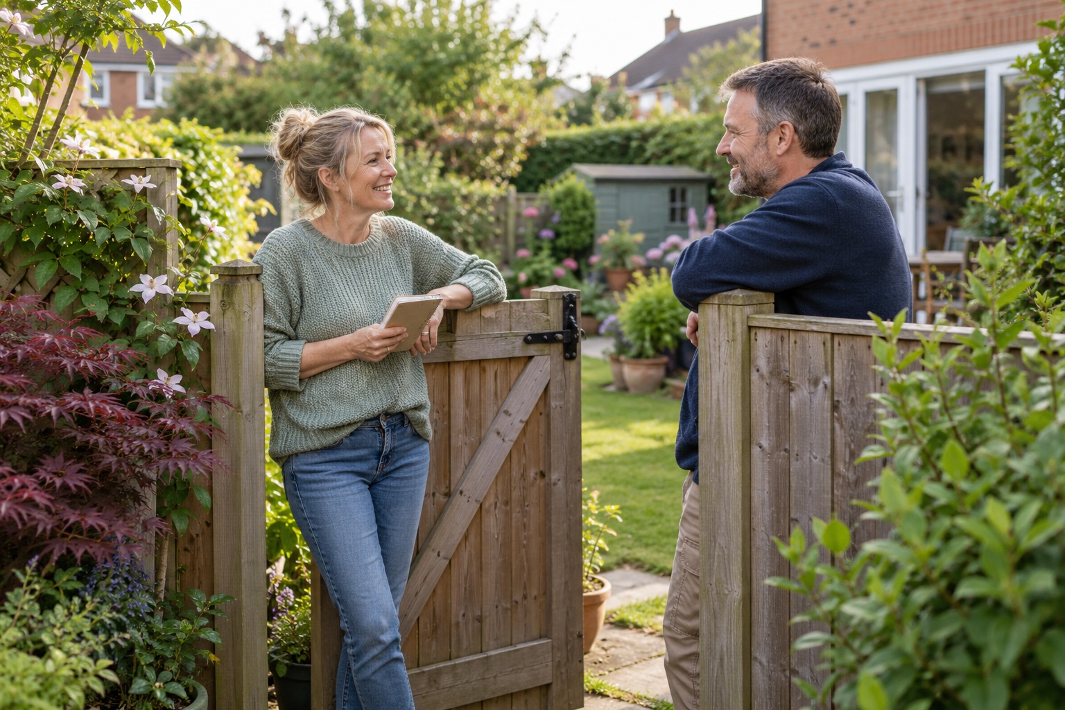 Two neighbours talking beside an open timber garden gate