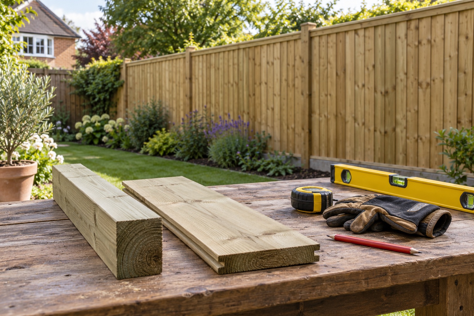 Measuring tools and timber components on a workbench with a garden fence beyond