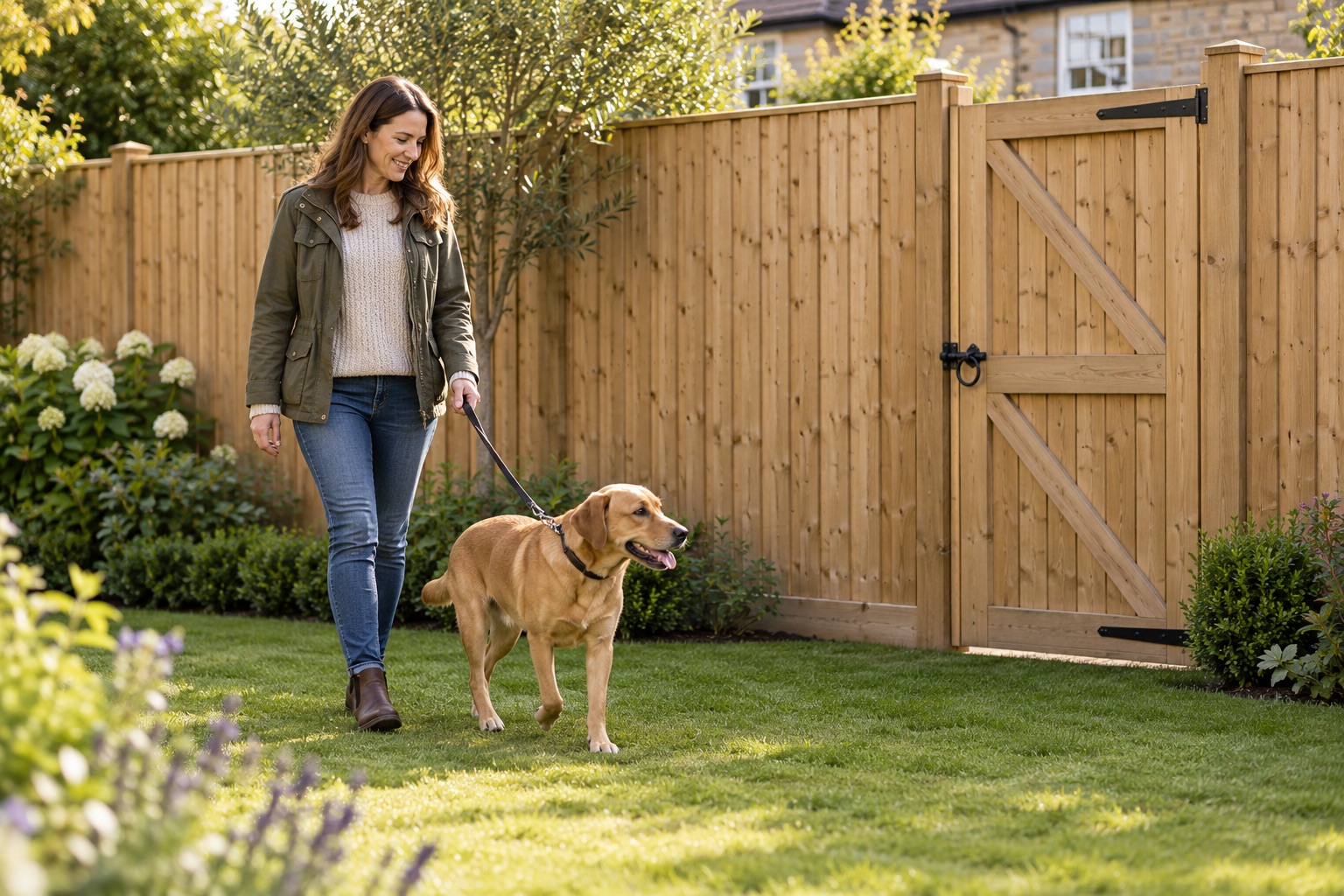 Dog on a lead with an adult owner beside a timber fence and closed gate