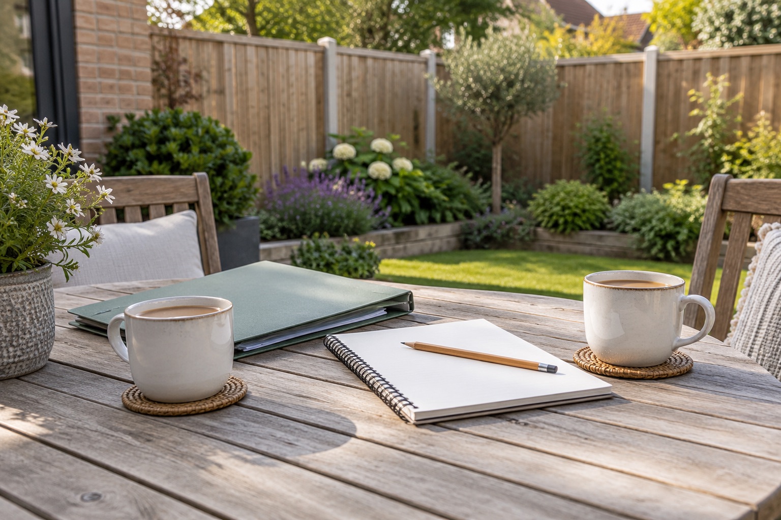 Notebook, document folder and two cups on a garden table with a fence beyond