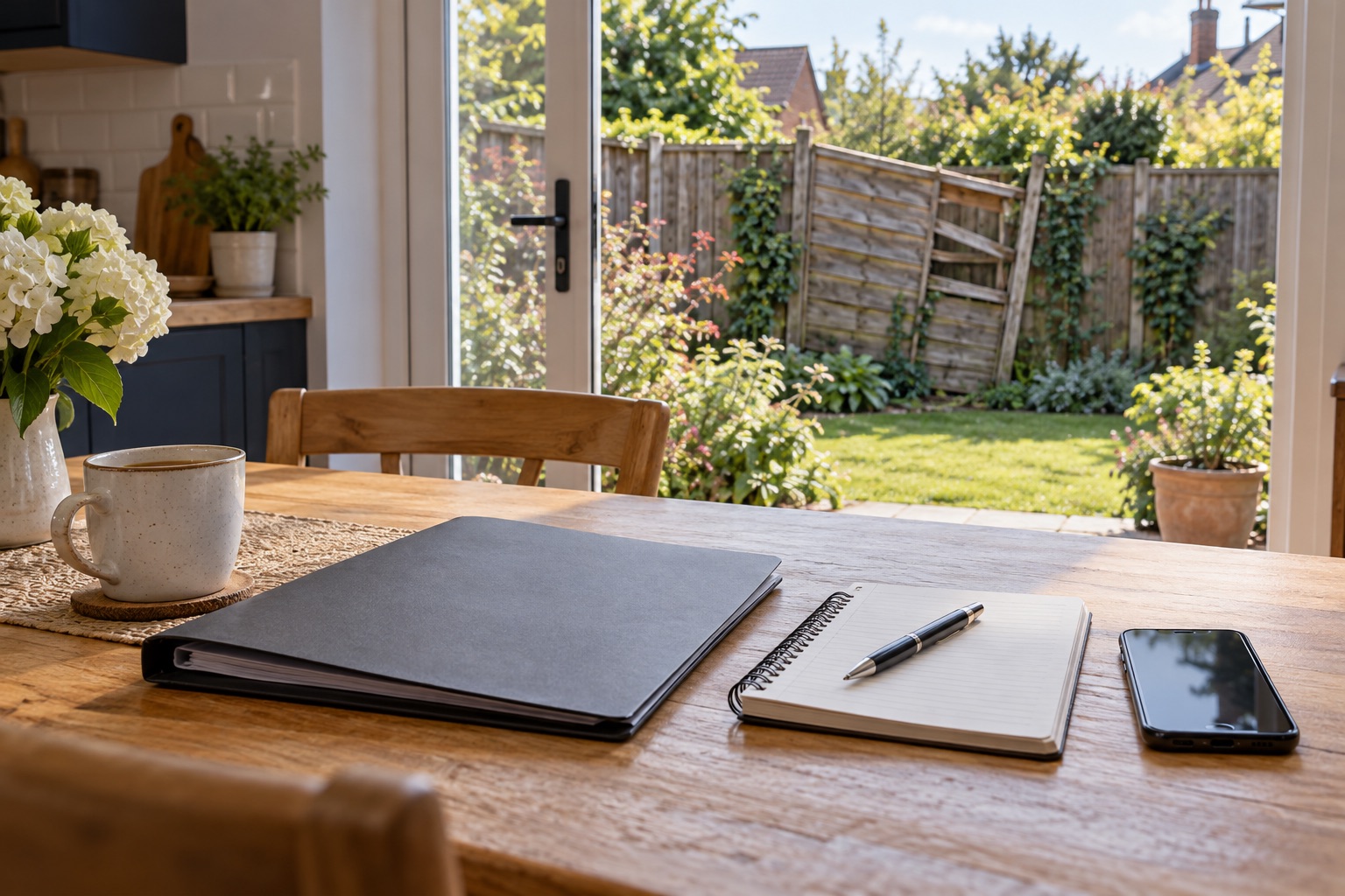Policy folder, notebook and phone on a kitchen table with damaged fencing visible outside