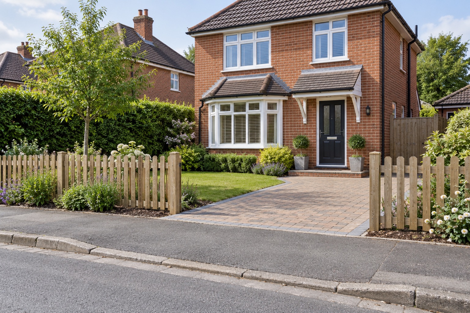 Low timber picket fencing beside a driveway opening and residential pavement