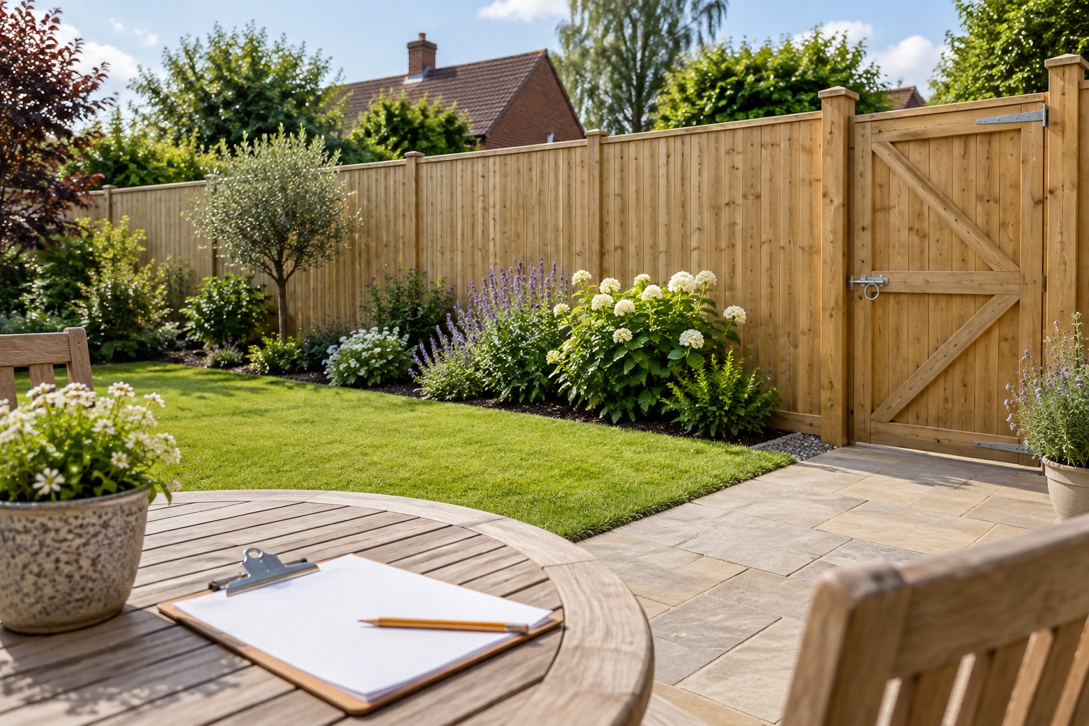 Completed timber boundary and garden gate with a clipboard on a patio table