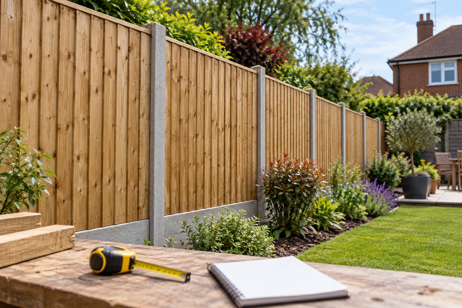 Timber fence panels between concrete posts with measuring tape and notebook in the foreground