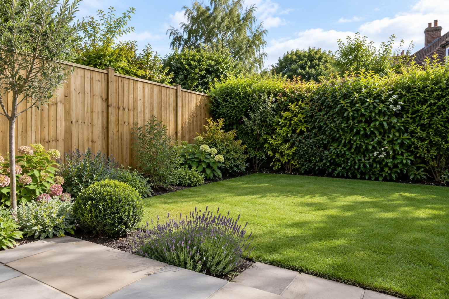 Garden corner with a timber fence on one side and an established hedge on the other