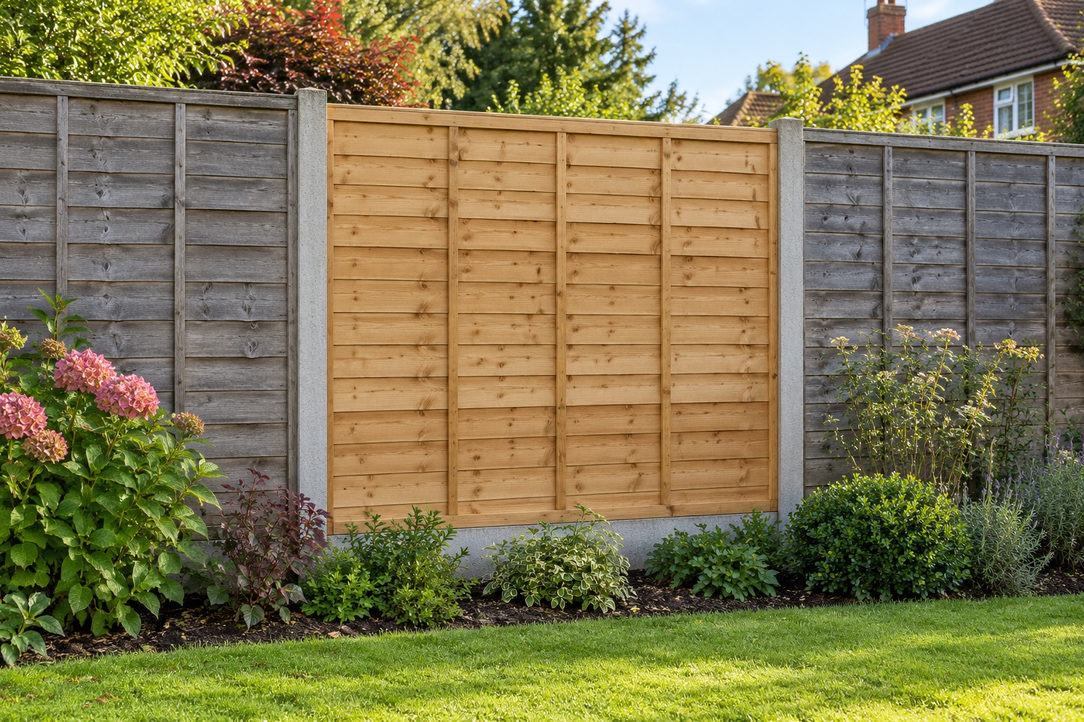 One new timber fence panel between retained concrete posts and weathered neighbouring panels
