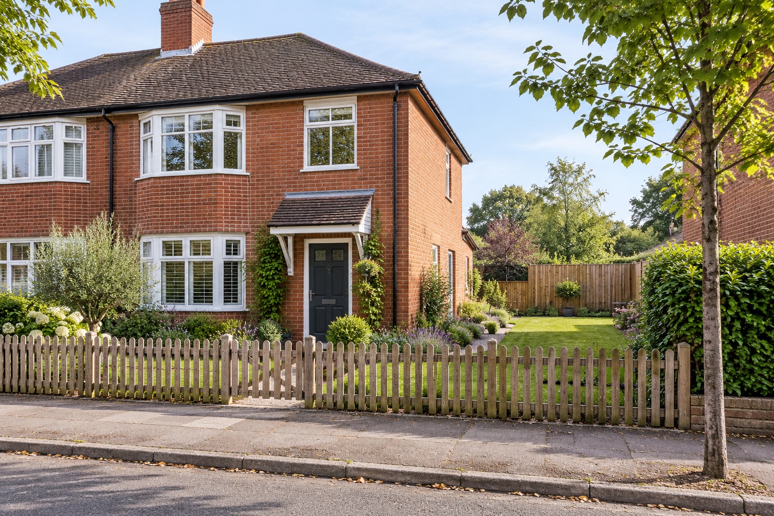 Low picket fence beside a pavement and a taller privacy boundary deeper in a domestic garden