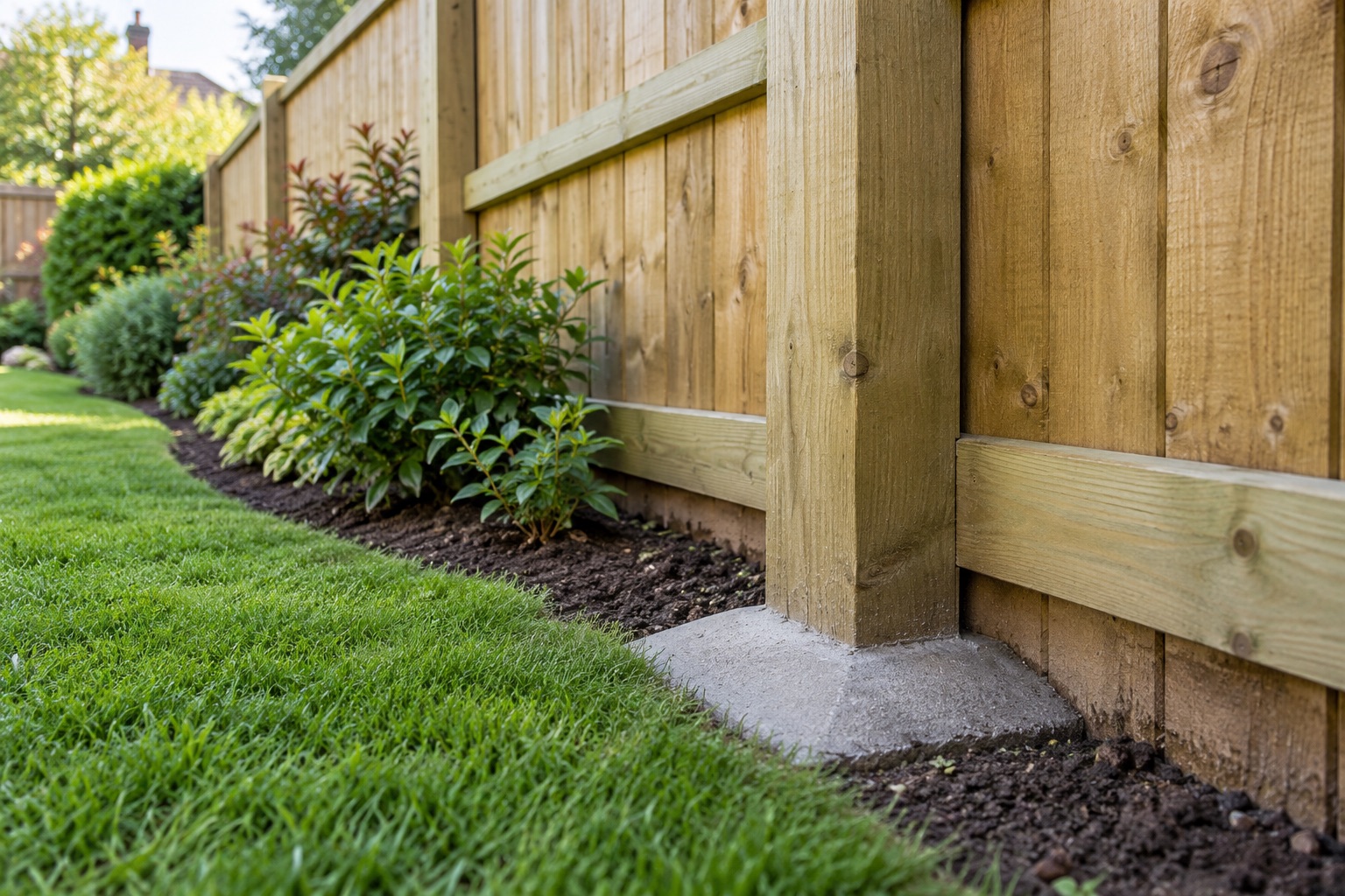 Visible concrete finish around the base of a timber fence post