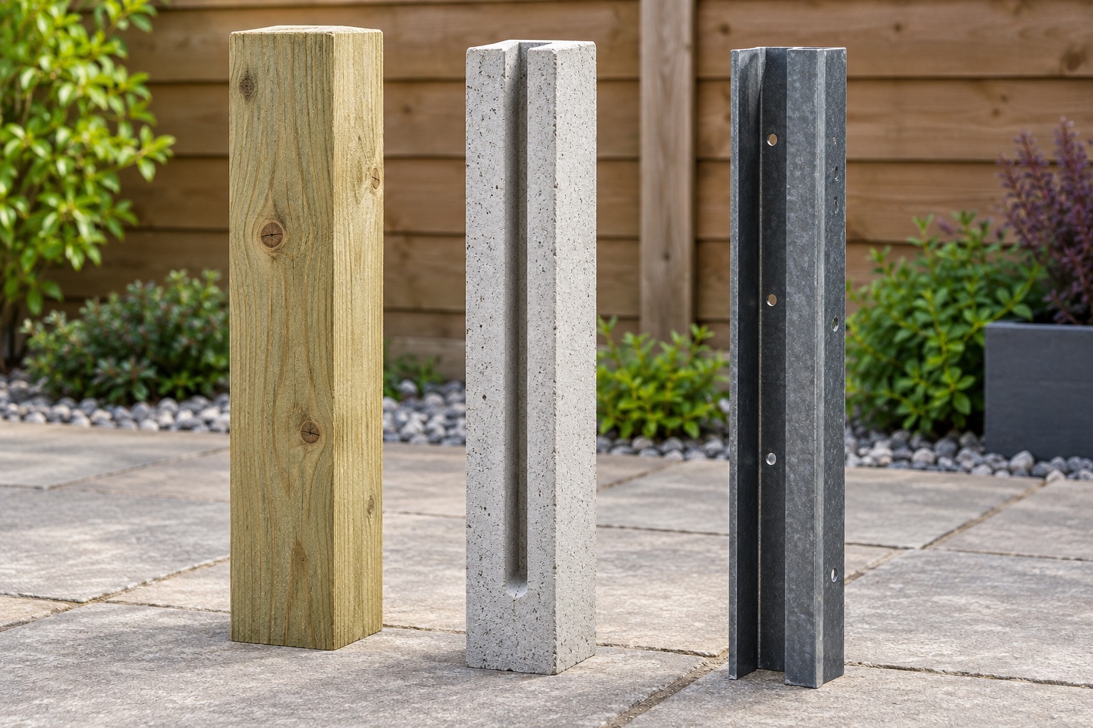Timber, slotted concrete and formed steel fence post samples shown side by side