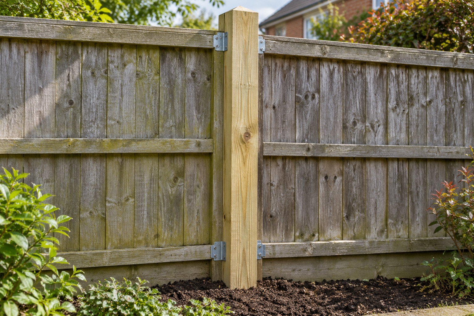 A new timber post connecting retained weathered fence sections in a garden