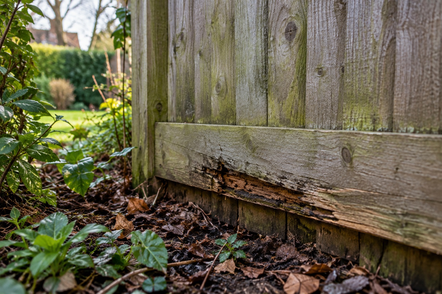 Decayed lower timber rail beside leaf debris at the base of a weathered fence