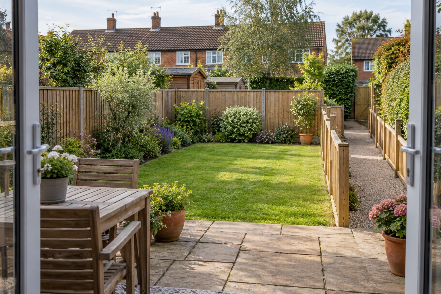 A modest fenced garden viewed through patio doors with an adjoining access path