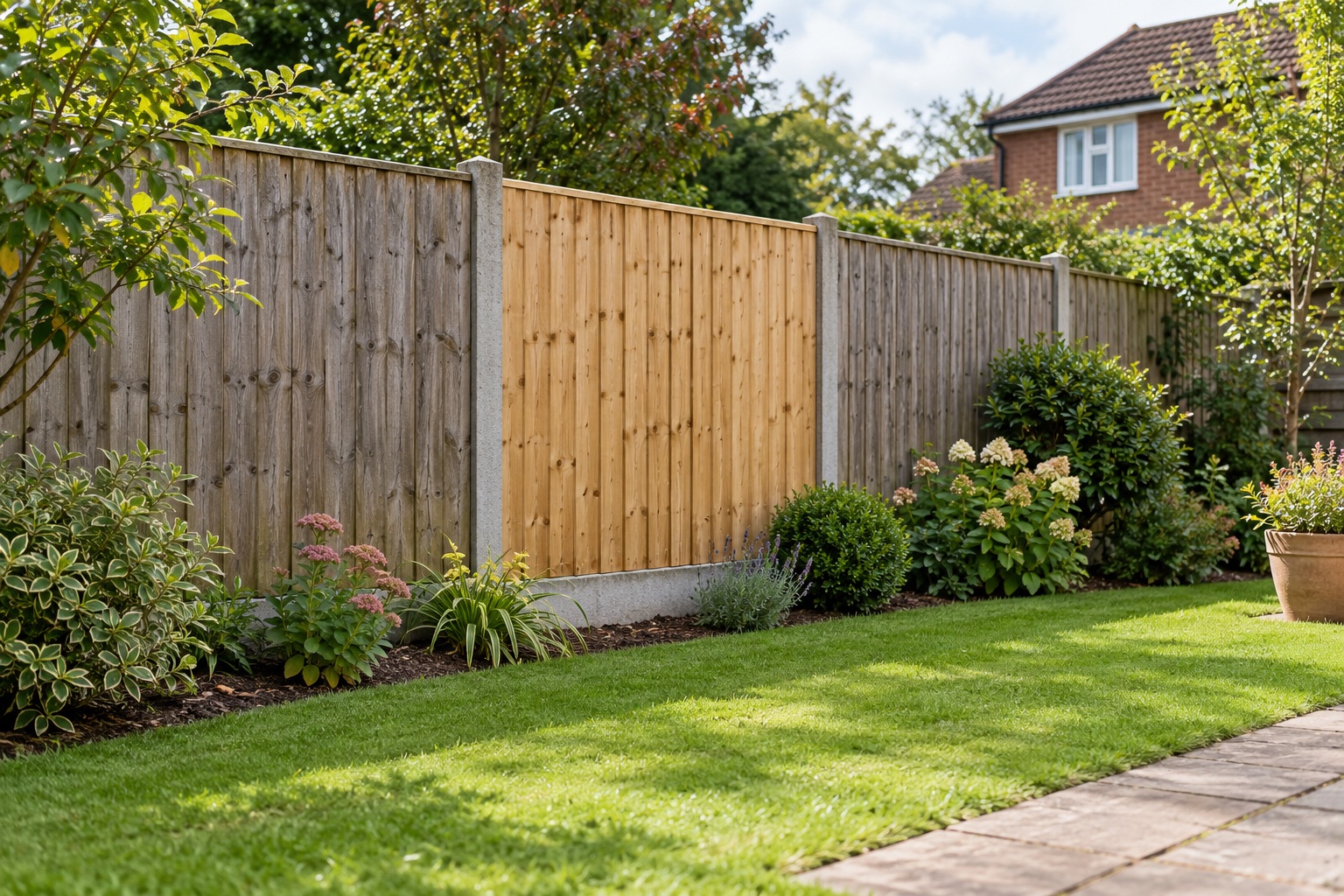 A targeted new timber fence bay beside retained weathered sections in a domestic garden