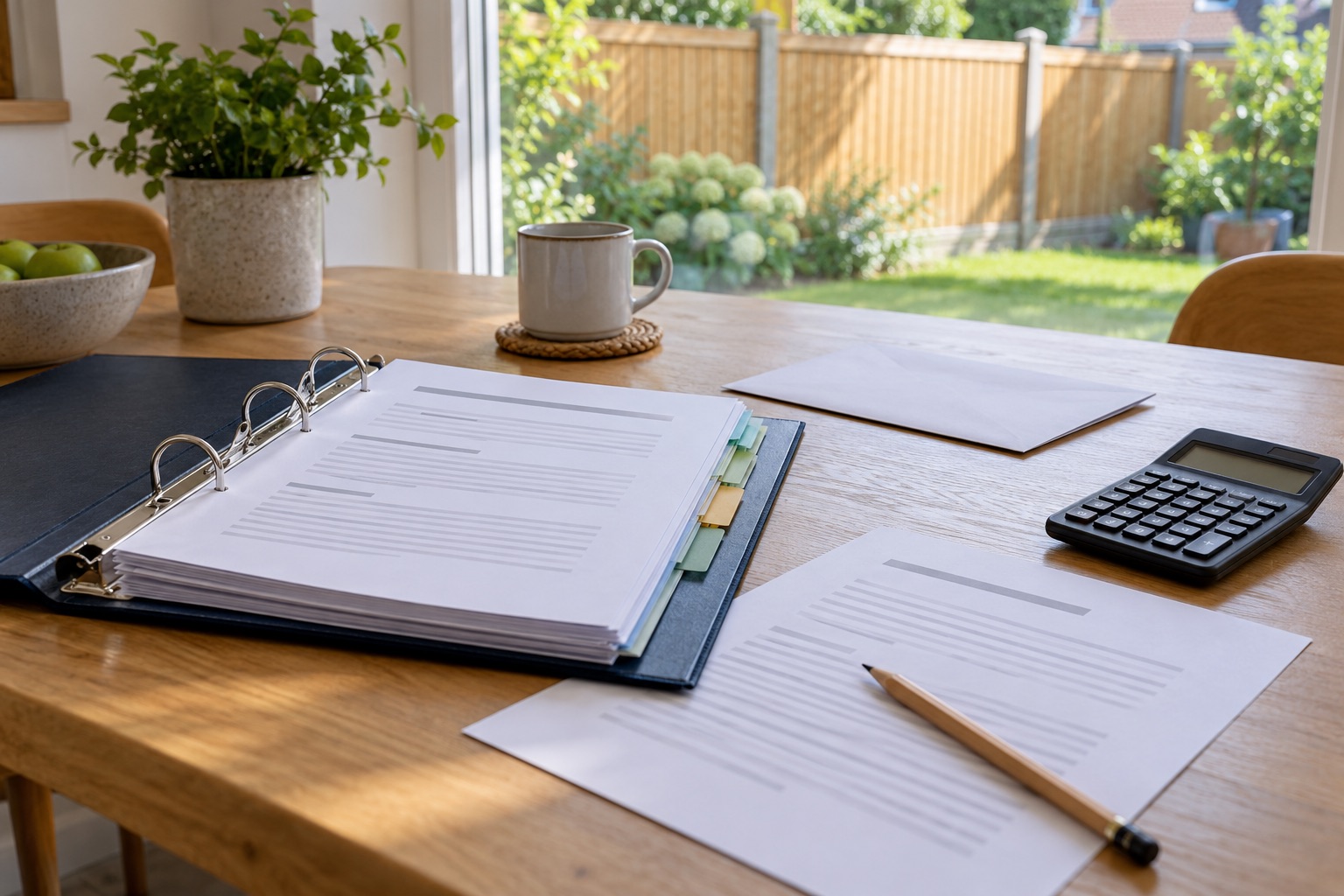 An organised project folder, papers, pencil and calculator beside a garden window
