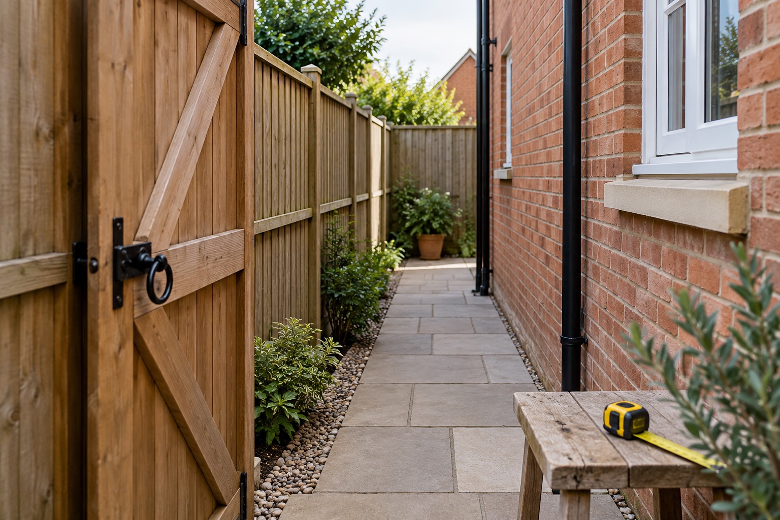Narrow paved passage between a brick house and timber boundary with a tape measure at the entrance