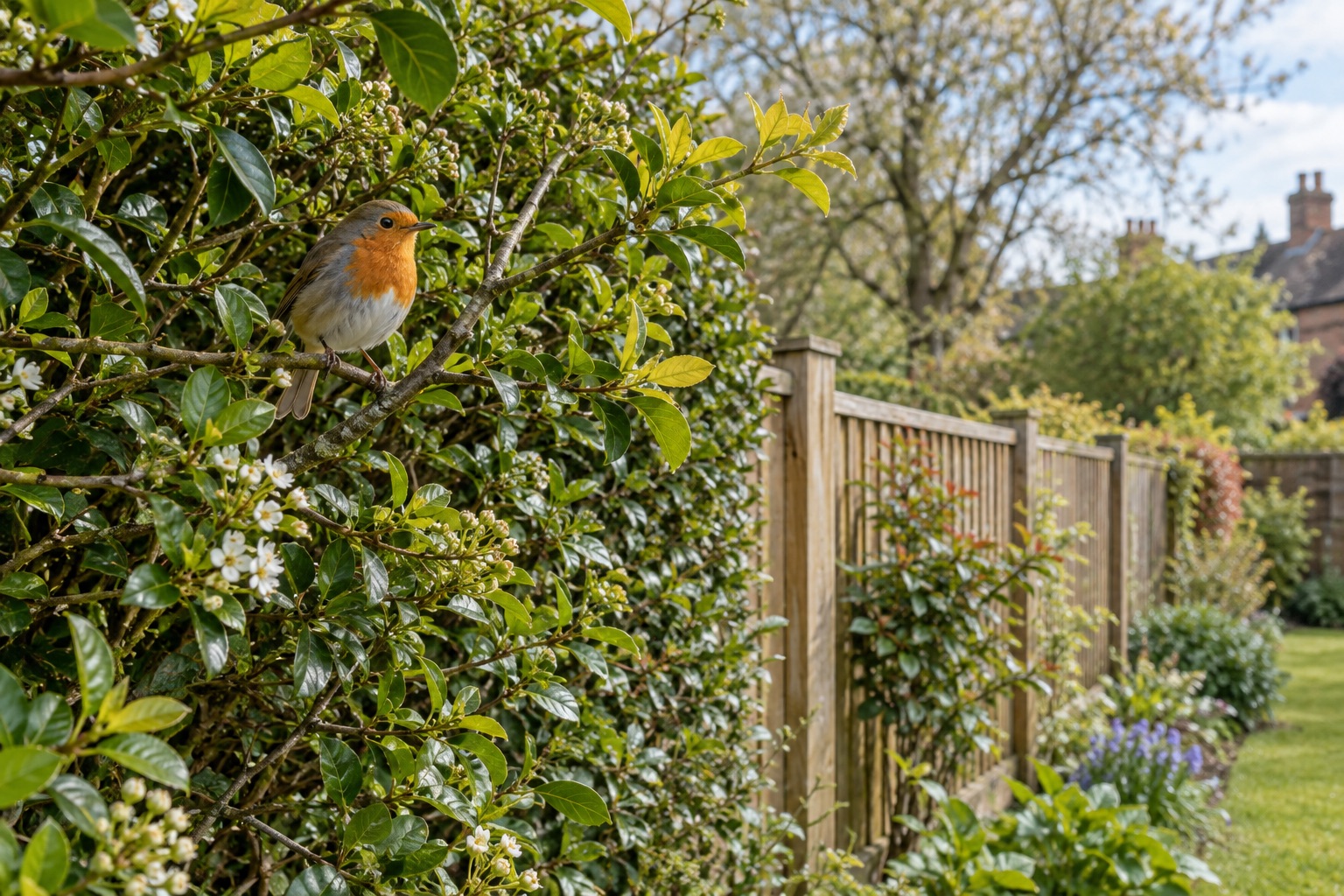 Robin perched in an established hedge beside timber garden fencing