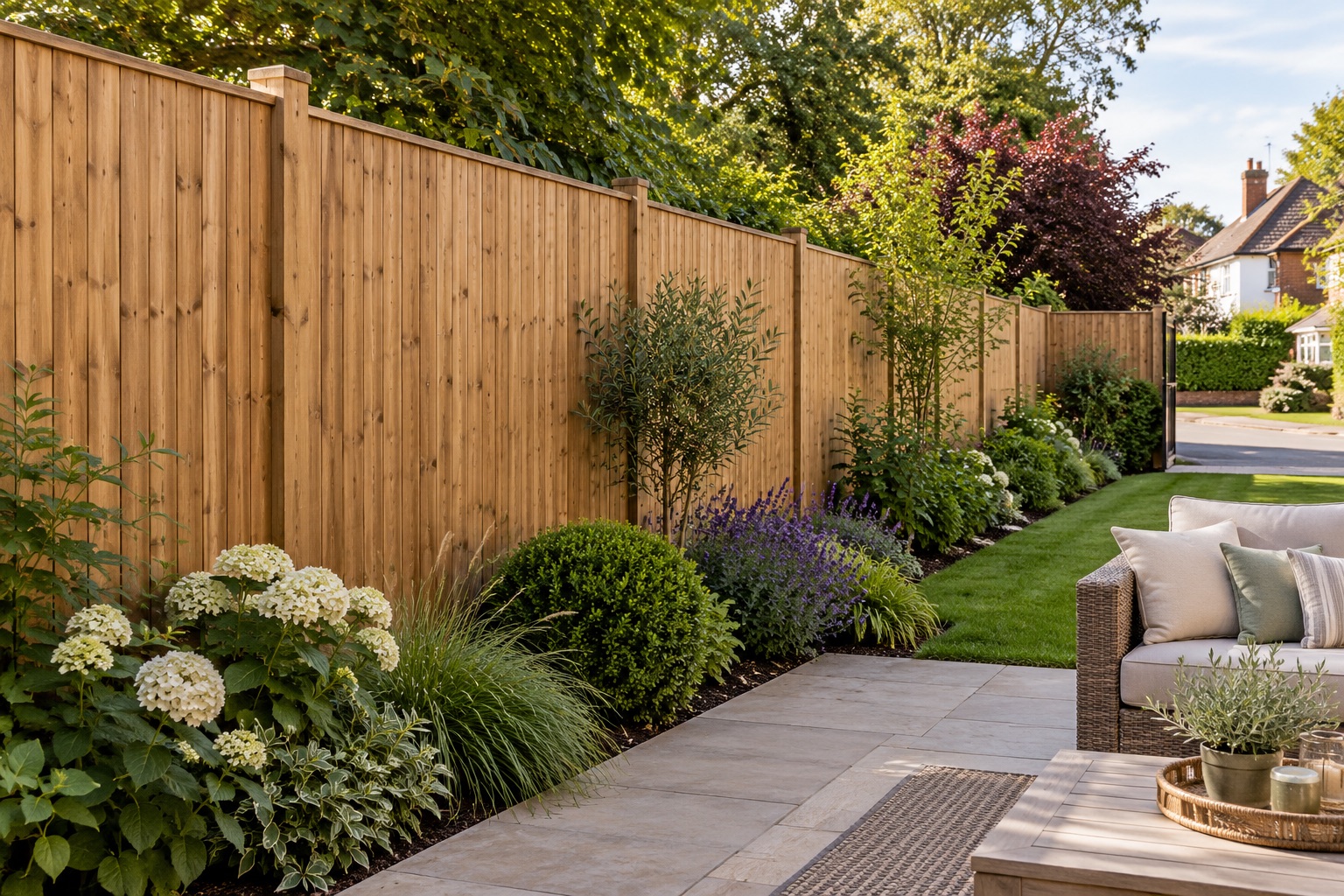 Continuous closeboard garden boundary beside seating with a road visible beyond its endpoint