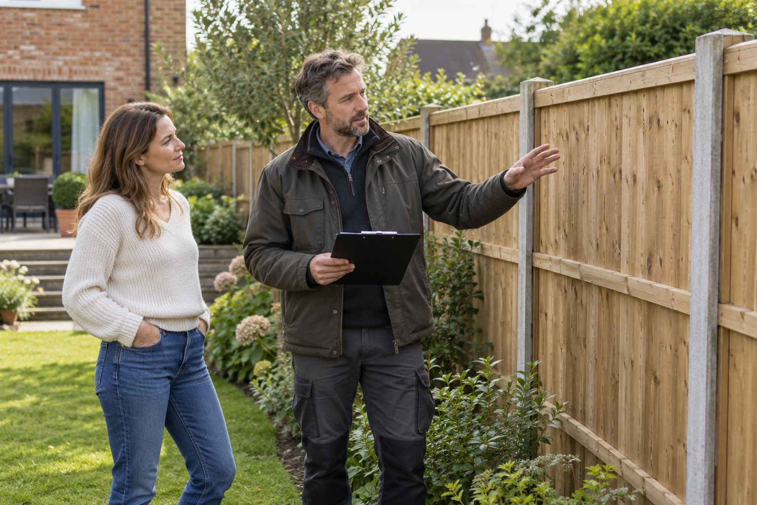 Homeowner and surveyor discussing a timber boundary with a plain clipboard