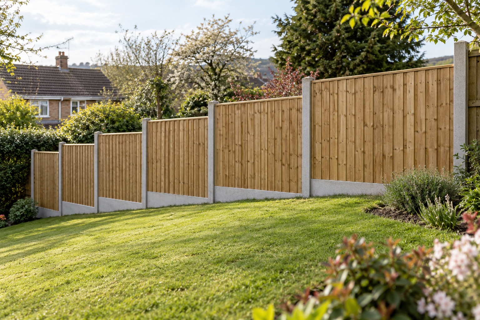 Timber fence panels stepping down a garden slope between concrete posts