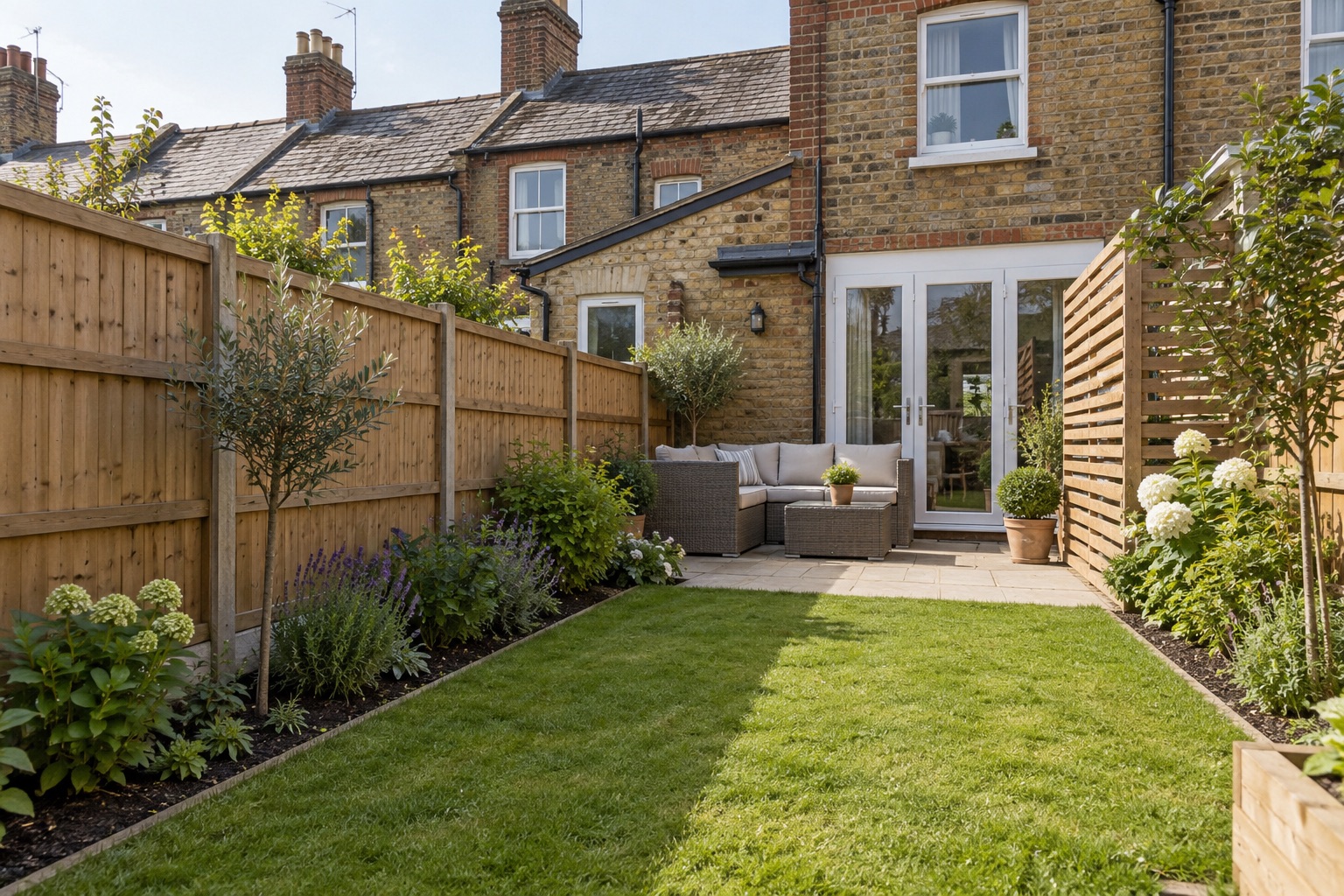 Compact terraced-house garden with a timber boundary and slatted screen beside seating