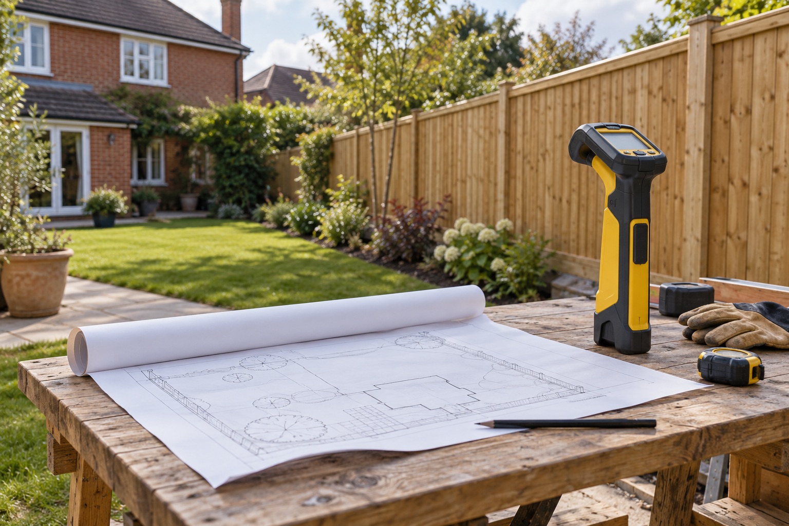 Cable locator and a fictional site drawing on a workbench in a fenced garden