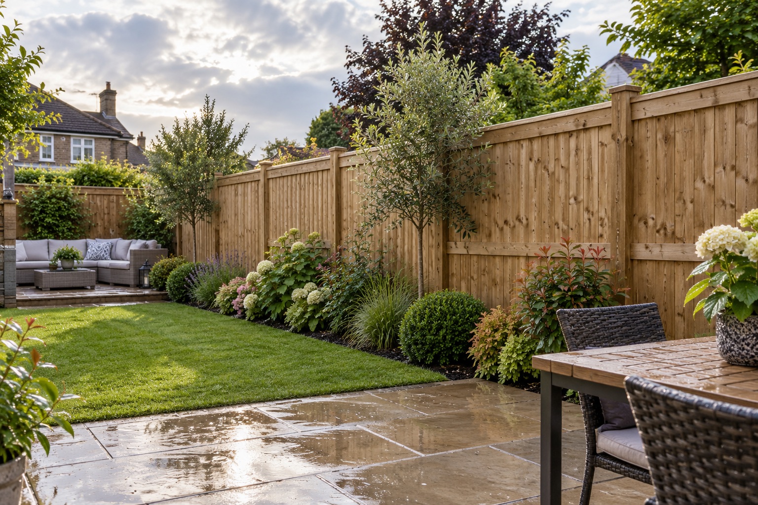 Completed timber garden fence and planting beside a damp patio after rain