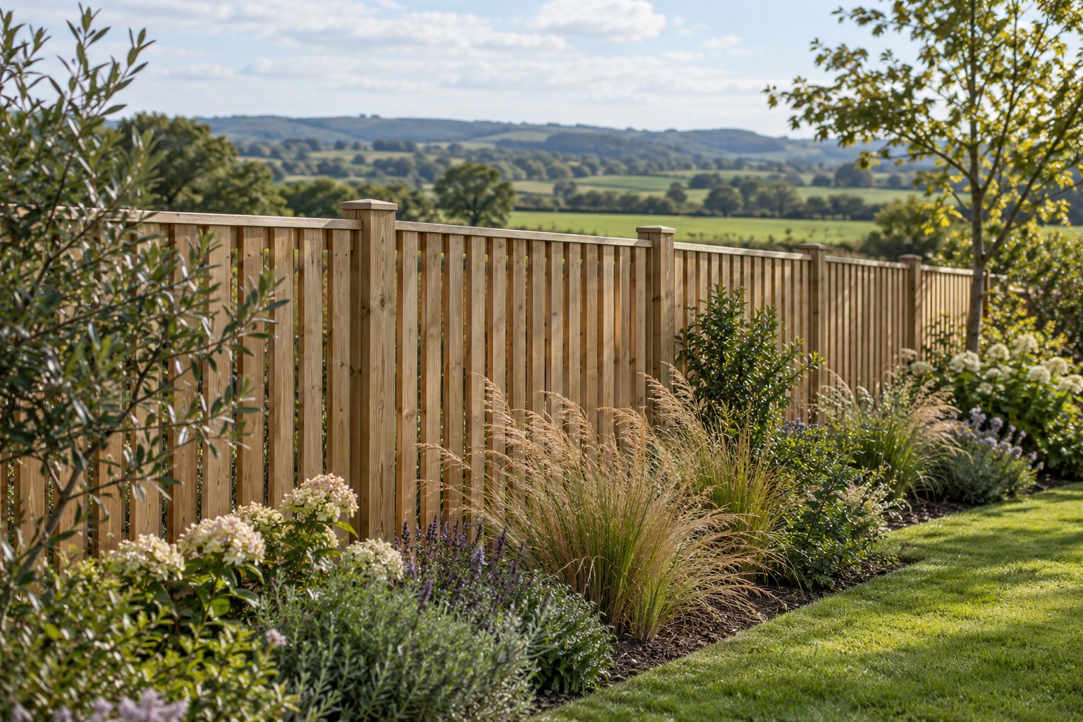 Semi-open timber boundary beside ornamental grasses and an open landscape