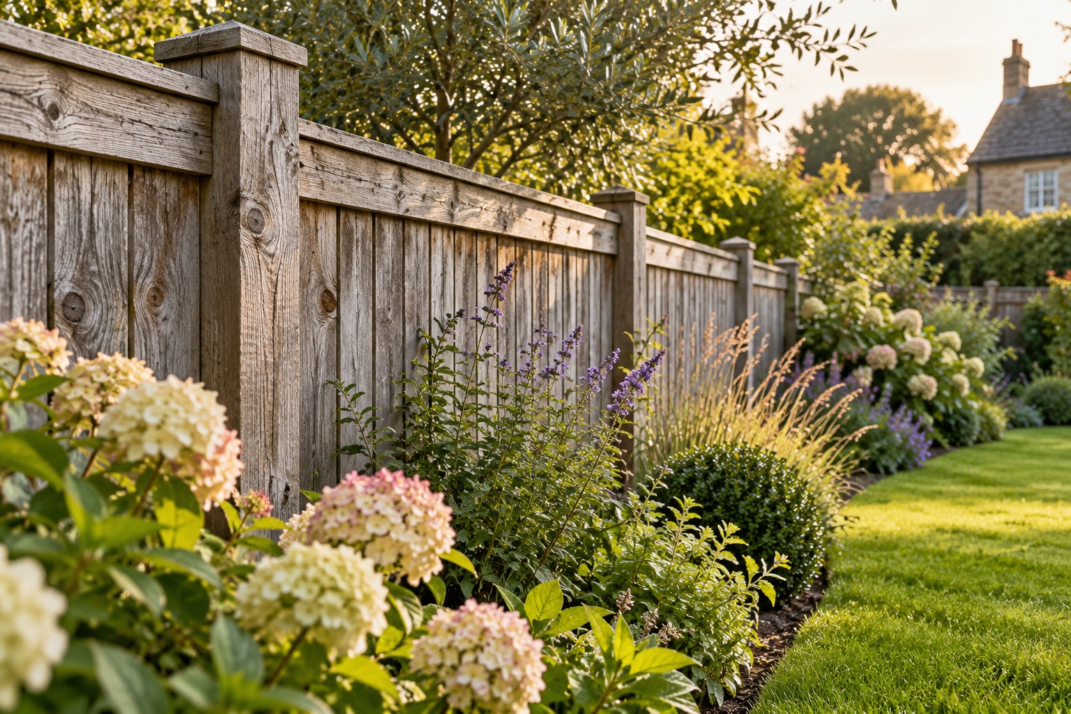 An upright weathered timber garden fence with established planting and a neat lawn