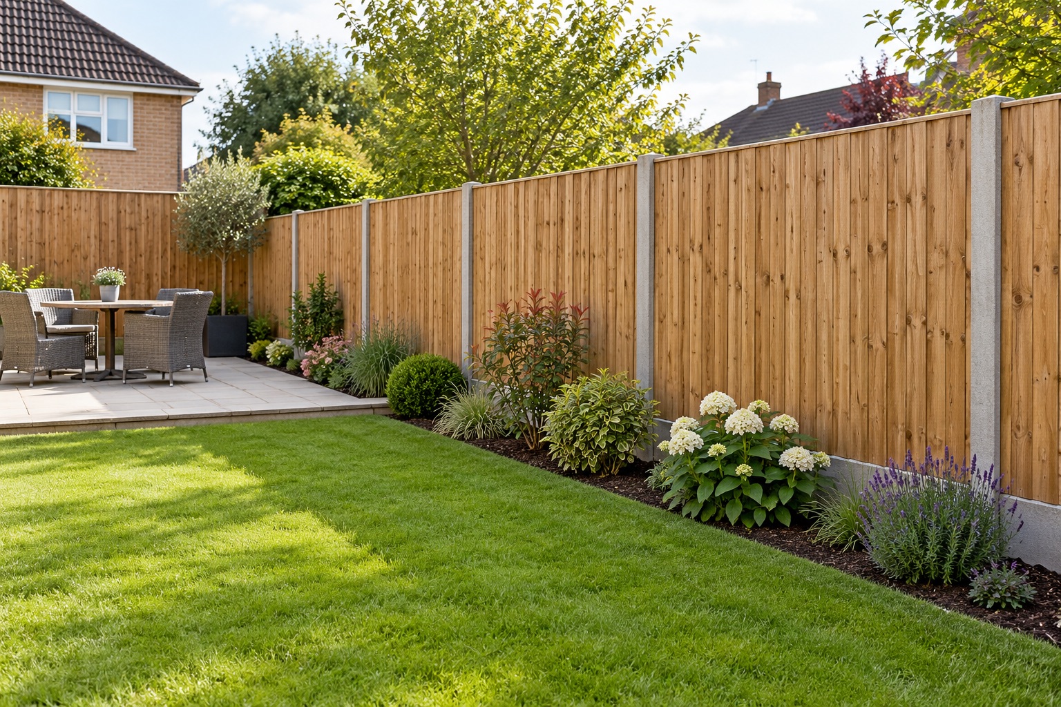 A complete timber closeboard garden boundary with concrete posts beside a lawn and patio