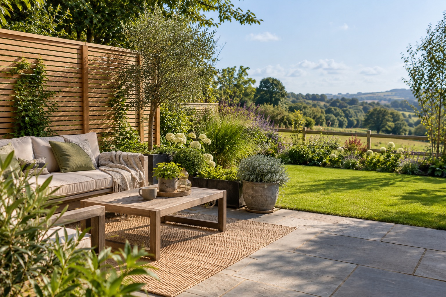 Slatted screen beside patio seating with a lower open boundary and bright lawn beyond