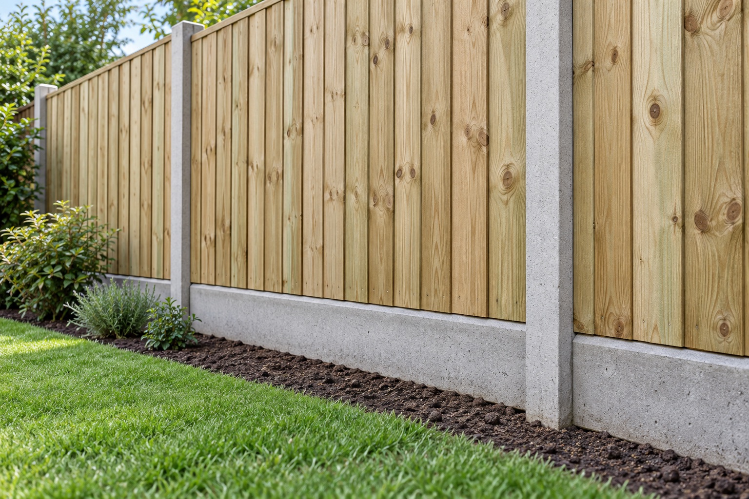Detail of a timber fence panel above a concrete gravel board between slotted concrete posts