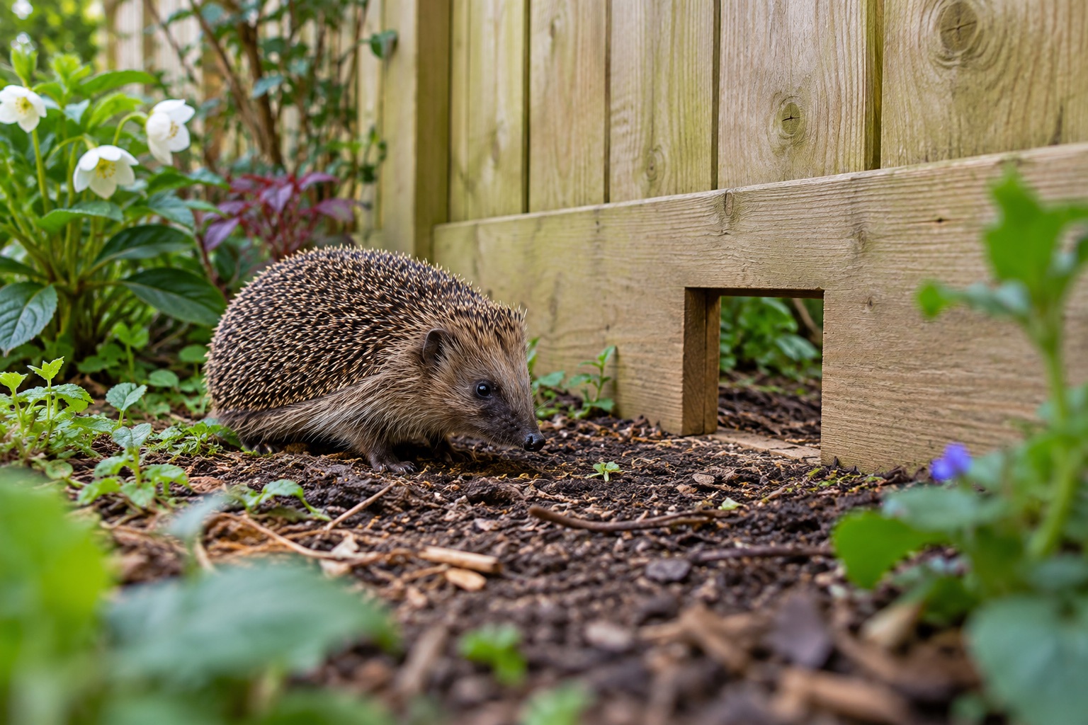 Hedgehog beside a small opening at the base of a timber garden fence