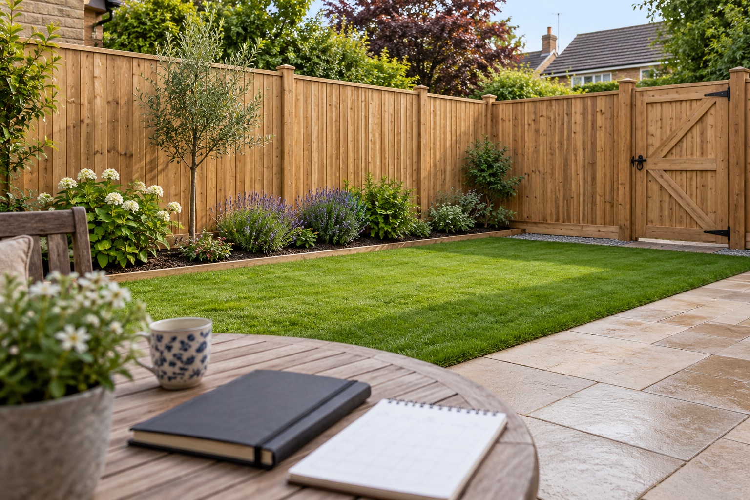 Completed timber garden boundary and gate with a project notebook on a patio table