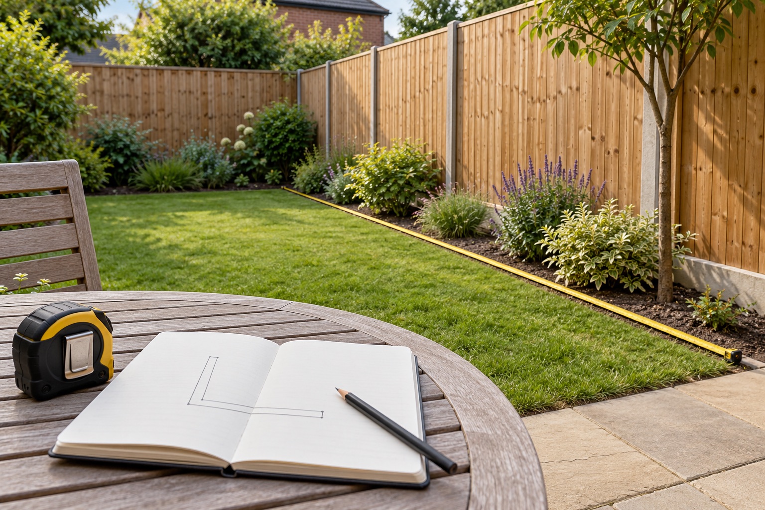Garden boundary with a measuring tape along the lawn and a notebook containing a simple sketch