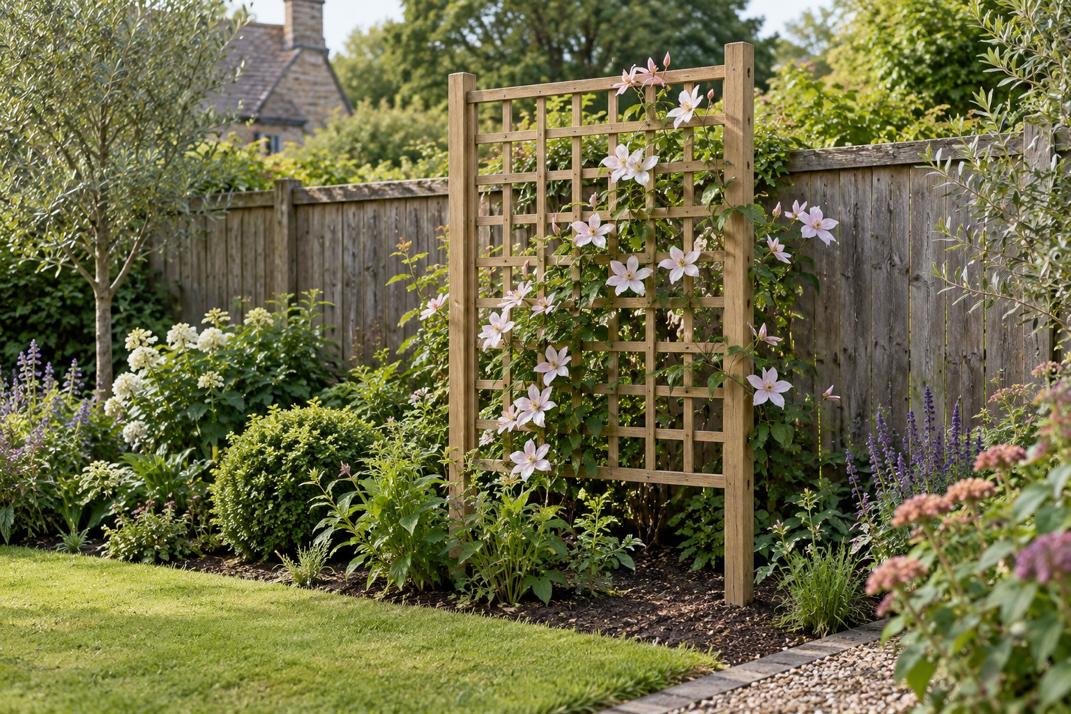 Freestanding timber trellis on its own posts in front of a separate weathered fence
