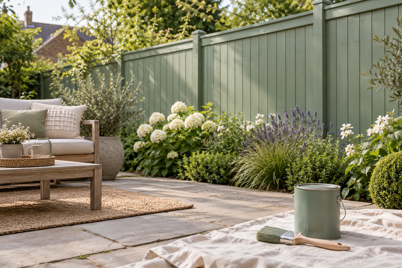 Sage-green timber fence behind planting with a brush and plain tin in the foreground