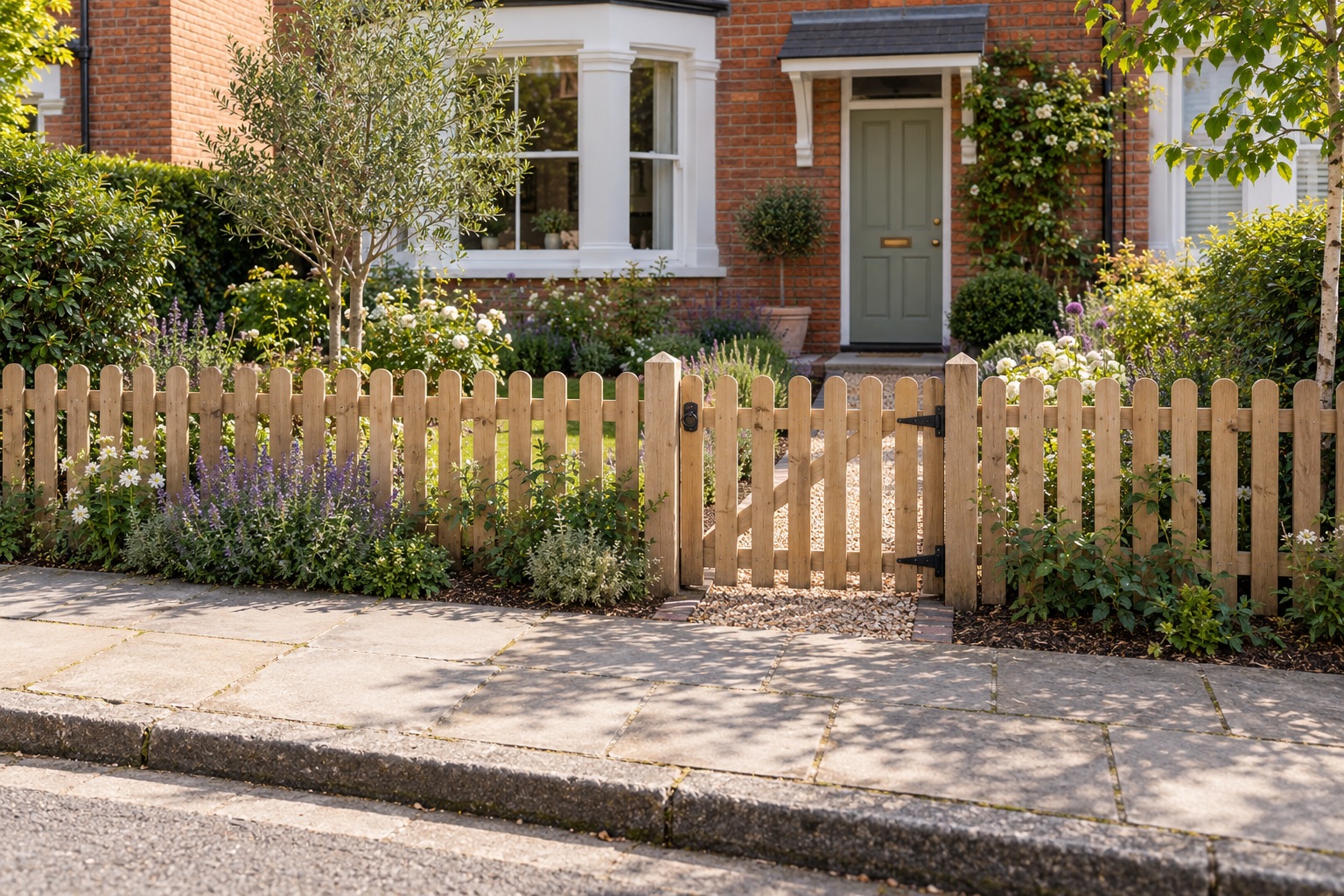 Low round-top timber picket fence and matching gate around a planted front garden