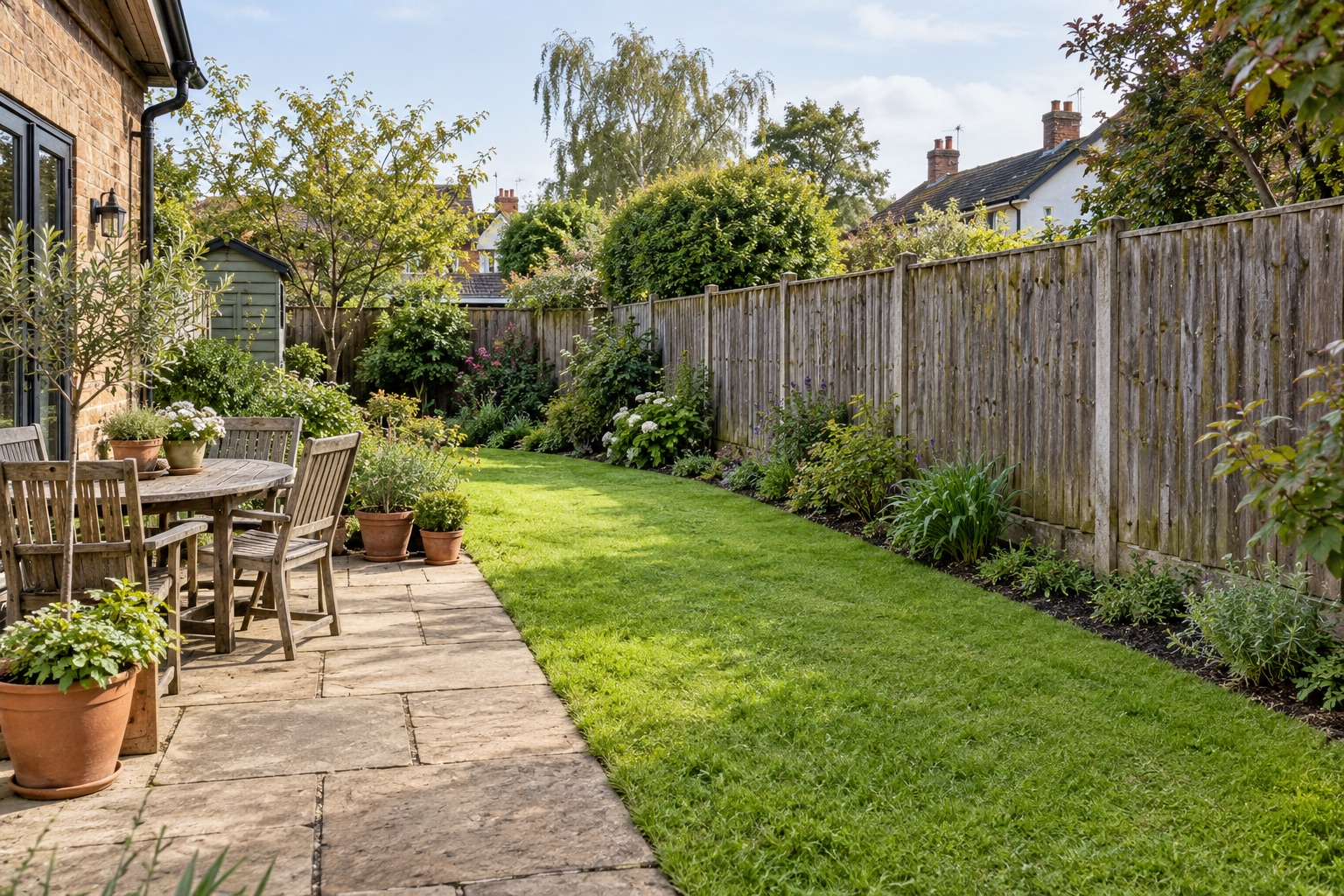Garden furniture and pots arranged on a patio beside a lawn and weathered boundary
