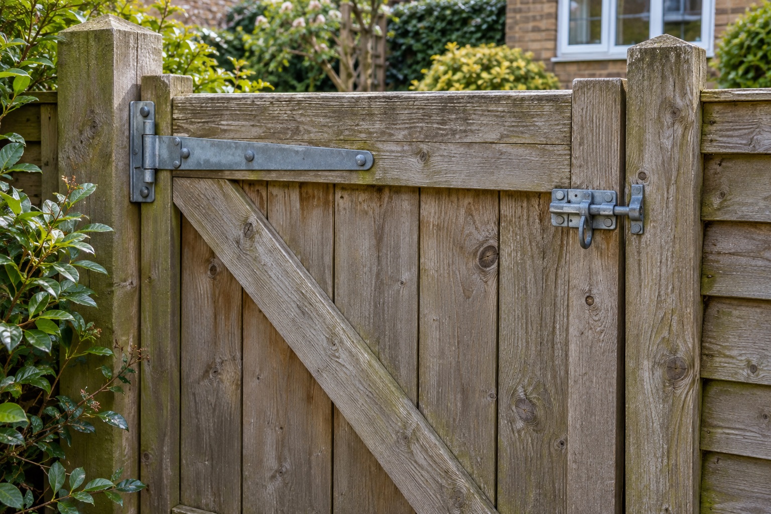 Close view of metal latch and hinge fittings on a weathered timber garden gate