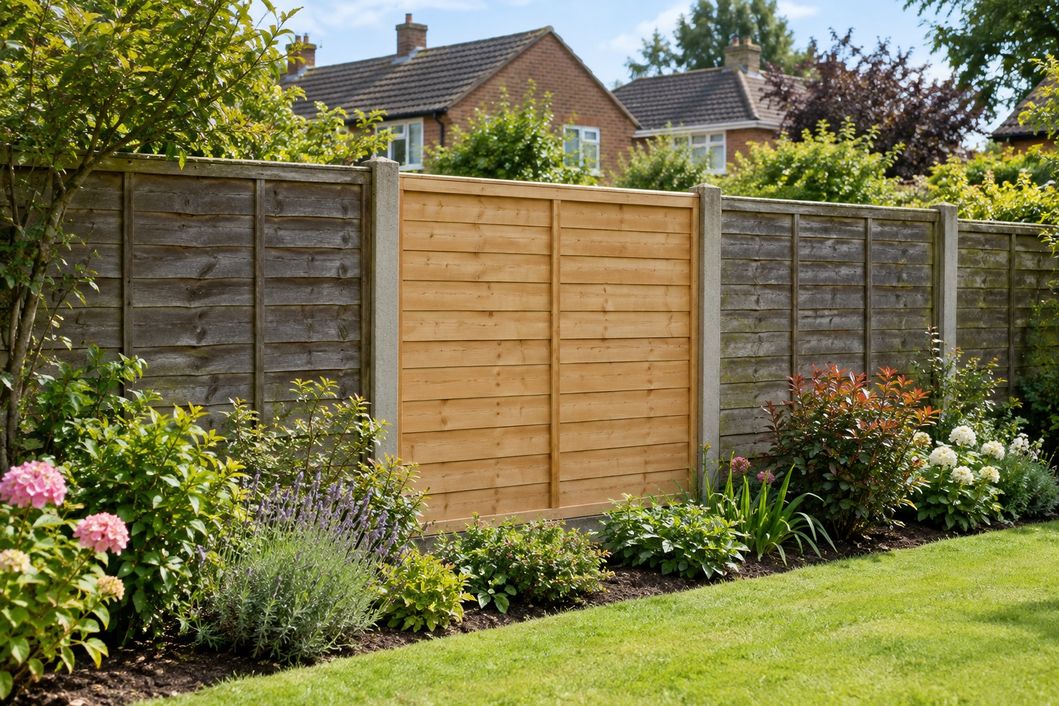 One new overlap timber panel between retained concrete posts and weathered neighbouring panels