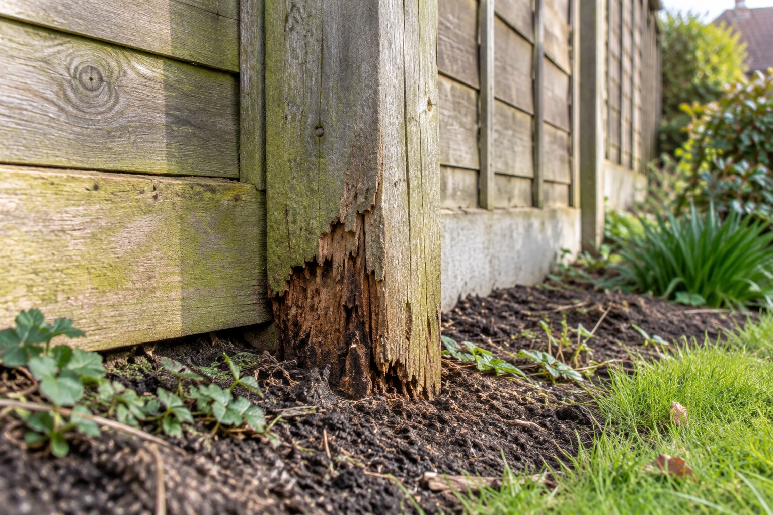 Decayed timber near the ground at the base of a weathered fence post